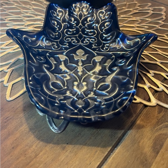 Hamsa Turkish Hand Shaped Blue Gold Ornate Glass Dish Scroll Work Decor Dish - Picture 4 of 5